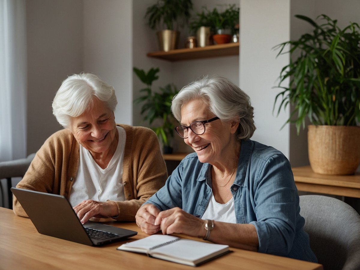 Zwei ältere Frauen sitzen an einem Tisch und schauen lächelnd auf einen Laptop. Die Frau links trägt eine beige Strickjacke und hat helles Haar, während die Frau rechts eine blaue Jeansjacke trägt und Brille hat. Auf dem Tisch liegt ein Notizbuch. Im Hintergrund sind Pflanzen und Holzregale zu sehen. Die Atmosphäre wirkt freundlich und entspannt.
