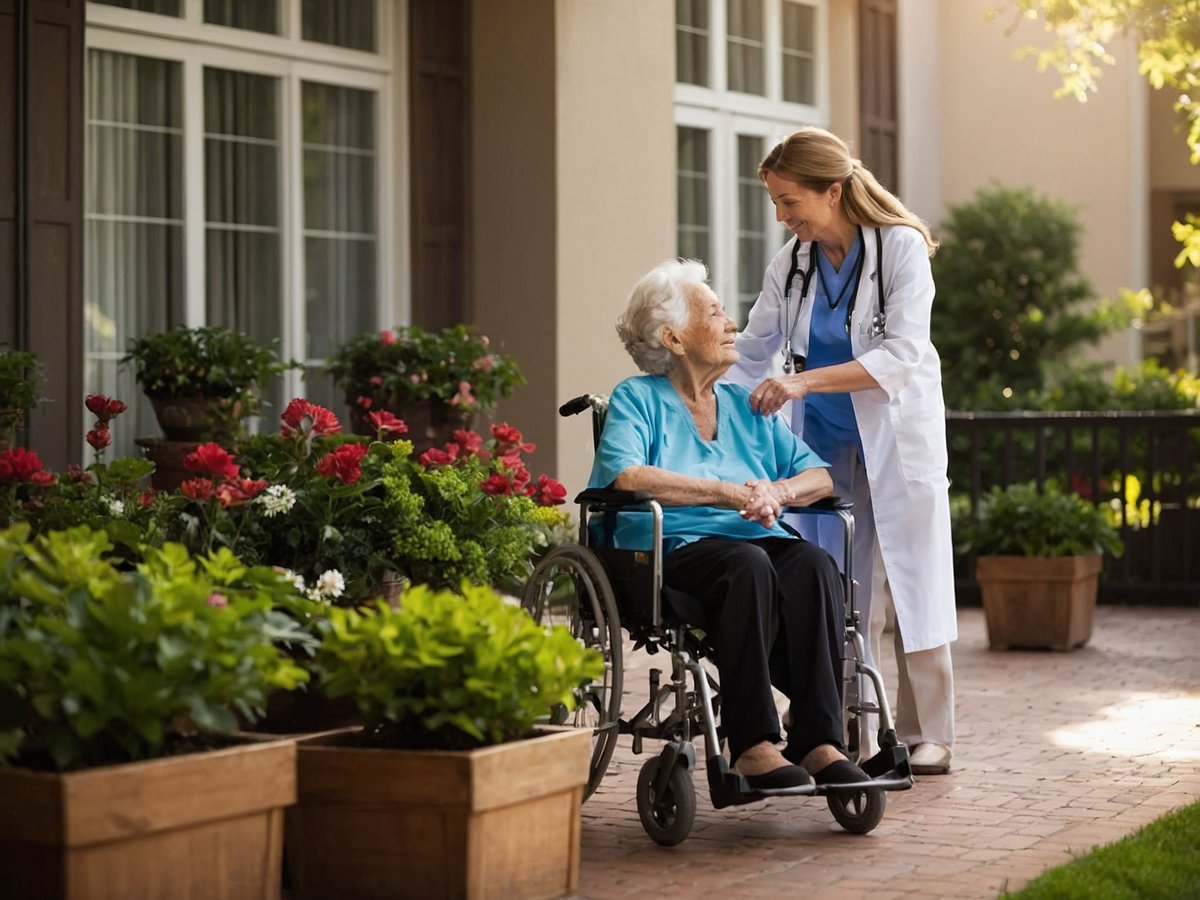 Eine ältere Frau sitzt in einem Rollstuhl und lächelt eine freundliche Pflegerin an, die neben ihr steht und sie sanft an der Hand hält. Im Hintergrund sind blühende Pflanzen in großen Töpfen zu sehen, und die Szene spielt sich in einem hellen, einladenden Außenbereich ab. Die Pflegerin trägt einen weißen Kittel und hat ein Stethoskop um den Hals, während die ältere Dame ein hellblaues Oberteil trägt. Die Atmosphäre wirkt warm und fürsorglich.