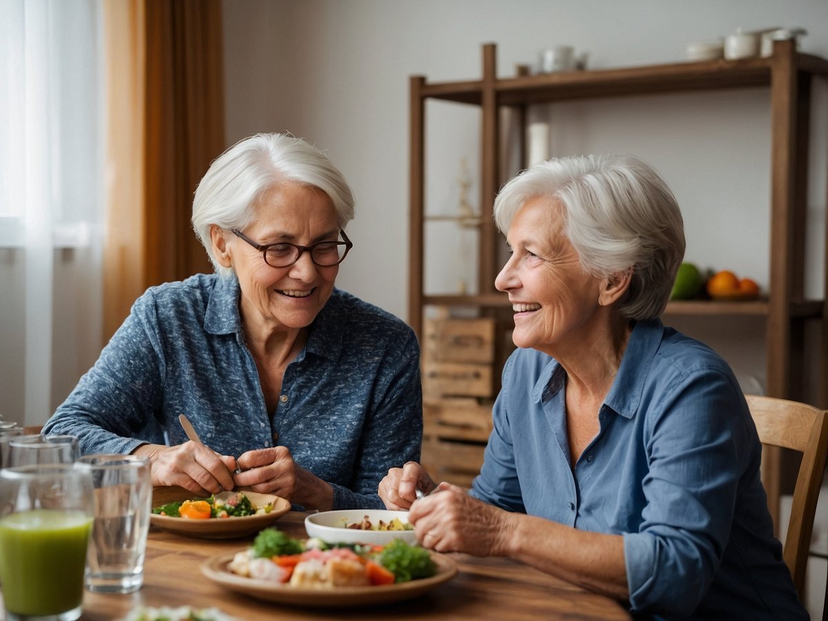 Zwei ältere Frauen sitzen an einem Tisch und genießen eine Mahlzeit zusammen. Die Frauen lachen und schauen sich an, während sie mit Essen auf den Tellern beschäftigt sind. Auf dem Tisch sind verschiedene gesunde Speisen zu sehen, darunter Gemüse und Salat. Gläser mit Wasser und ein grüner Smoothie stehen ebenfalls auf dem Tisch. Die Atmosphäre ist freundlich und einladend, und viel natürlicher Licht strömt durch das Fenster. Für die Pflege von Demenzkranken ist es wichtig, gemeinsame Mahlzeiten zu planen, um soziale Interaktion zu fördern, eine ruhige Umgebung zu schaffen, um Ablenkungen zu minimieren, und gesunde, nahrhafte Lebensmittel anzubieten, die leicht zu essen sind.