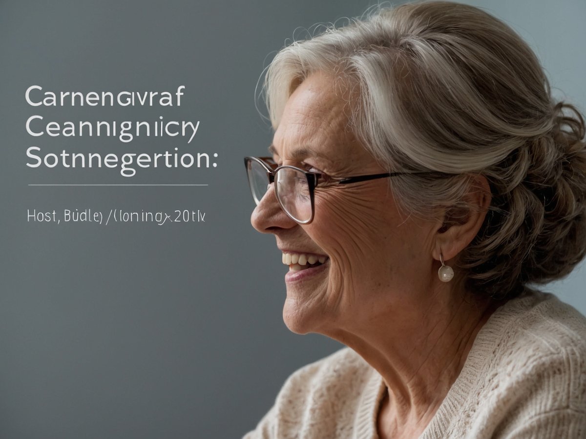 Eine ältere Frau mit grauen Haaren, die zu einem lockeren Dutt frisiert sind. Sie trägt eine helle Strickjacke und eine Perlenohrringe. Die Frau lächelt und sieht freundlich aus, während sie in die Ferne blickt. Der Hintergrund ist schlicht und in einem sanften Grauton gehalten, was die positive Ausstrahlung der Frau unterstreicht.