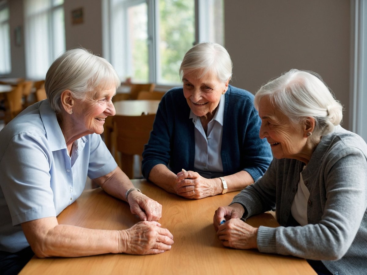 Drei lächelnde Seniorinnen sitzen an einem Tisch und unterhalten sich. Sie wirken freundlich und amüsiert, während sie sich gegenseitig ansehen. Eine der Frauen hat eine blaue Bluse an, die zweite trägt eine dunkelblaue Strickjacke und die dritte eine graue Strickjacke. Der Tisch aus Holz ist hell und die Umgebung wirkt hell erleuchtet durch die Fenster im Hintergrund.
