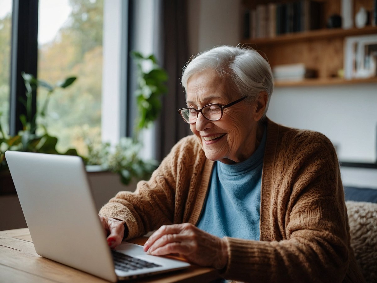 Eine ältere Frau mit grauem Haar sitzt an einem Tisch und lächelt während sie auf einen Laptop schaut. Sie trägt eine braune Strickjacke über einem blauen Pullover und zeigt eine angenehme und entspannte Haltung. Der Raum ist hell erleuchtet von Tageslicht, das durch große Fenster strömt, und es sind grüne Pflanzen im Hintergrund zu sehen. Der Ausdruck auf ihrem Gesicht deutet darauf hin, dass sie Freude an der Nutzung der Technologie hat, möglicherweise beim Surfen im Internet oder beim Kommunizieren mit Angehörigen.