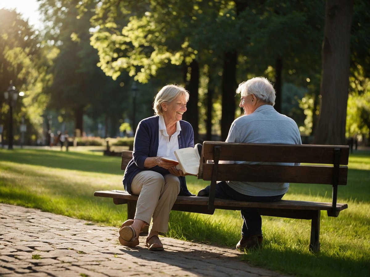 Ein älteres Paar sitzt auf einer Holzbank in einem sonnigen Park. Die Frau hält ein Buch in der Hand und lächelt den Mann an, der neben ihr sitzt. Er lächelt ebenfalls und blickt sie an. Um sie herum sind grüne Bäume und eine gepflegte Wiese zu sehen. Die Sonne strahlt durch die Blätter, was eine warme und einladende Atmosphäre schafft.