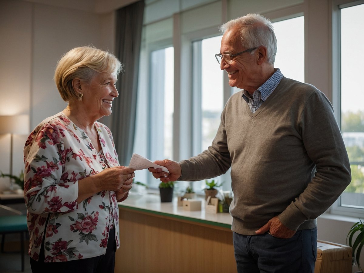 Ein älteres Paar steht sich in einem hellen Raum gegenüber und lächelt sich an. Die Frau trägt eine blütenverzierte Bluse und hält ein kleines Dokument in der Hand. Der Mann, gekleidet in einem grauen Pullover über einem karierten Hemd, reicht ihr ein weiteres Dokument. Im Hintergrund sind Fenster mit Blick ins Freie und einige Pflanzen auf einem Tisch zu sehen. Die Atmosphäre wirkt freundlich und einladend, was die Bedeutung regelmäßiger Gesundheits-Check-ups unterstreicht.