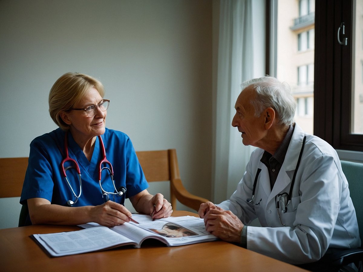 Auf dem Bild sind ein älterer Herr und eine Ärztin zu sehen, die an einem Tisch sitzen. Die Ärztin trägt ein blaues Pflegeoberteil und hat ein Stethoskop um den Hals, während ihr Gesichtsausdruck freundlich und aufmerksam ist. Sie schaut den Patienten an und macht sich Notizen in einem Buch, das auf dem Tisch liegt. Der ältere Herr, der einen weißen Arztkittel trägt, wirkt interessiert und hört aufmerksam zu, während er anscheinend eine Frage stellt oder eine Auskunft gibt. Im Hintergrund ist ein Fenster zu sehen, durch das natürliches Licht fällt, und die Umgebung wirkt freundlich und hell. Das Bild vermittelt eine empathische und professionelle Atmosphäre eines typischen Gesundheits-Check-ups.
