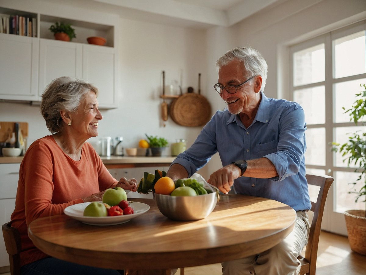 Ein älteres Paar sitzt an einem Holztisch in einer hellen Küche und genießt gemeinsam frisches Obst. Der Mann schneidet verschiedene Früchte, während die Frau lächelt und ihm zusieht. Auf dem Tisch liegt eine Schale mit Äpfeln, einer Orange und Erdbeeren. Die Küche wirkt einladend mit Pflanzen und gesundem Licht. Nach einem Gesundheits-Check-up könnte es empfehlenswert sein, weiterhin auf eine ausgewogene Ernährung zu achten, regelmäßig zu kochen und aktiv Zeit miteinander zu verbringen, um das Wohlbefinden zu fördern.