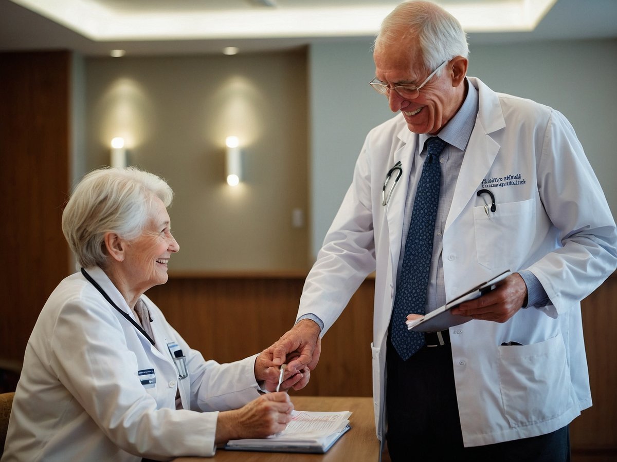 Auf dem Bild sind ein älterer Arzt und eine ältere Ärztin zu sehen, die in einer modernen Arztpraxis arbeiten. Die Ärztin sitzt an einem Tisch und lächelt, während sie auf ein Dokument schaut und einen Stift in der Hand hält. Der Arzt steht ihr gegenüber, hält eine Mappe und hat ebenfalls ein freundliches Lächeln. Beide tragen weiße Arztkittel und haben Stethoskope um den Hals. Die Umgebung wirkt hell und einladend mit sanften Beleuchtungselementen im Hintergrund. Die Interaktion zwischen den beiden vermittelt ein Gefühl von Zusammenarbeit und Freundlichkeit im medizinischen Kontext.