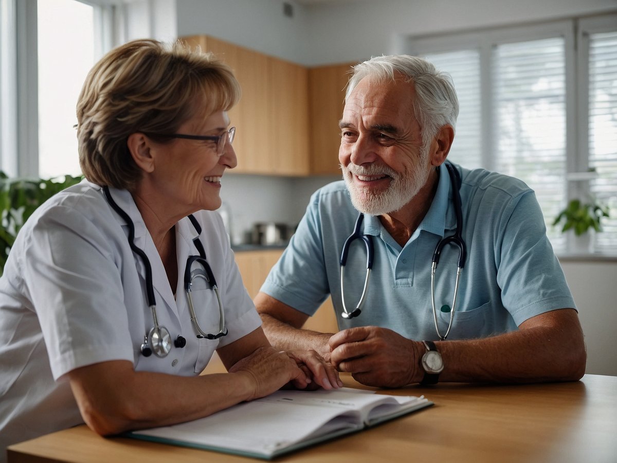 Ein älterer Mann sitzt am Tisch und lächelt einer medizinischen Fachkraft gegenüber. Die Frau trägt eine Arztkittel und hat ein Stethoskop um den Hals. Beide wirken freundlich und interessiert an einem Gespräch. Im Hintergrund sind Pflanzen und ein Tisch mit Utensilien zu sehen. Auf dem Tisch liegt ein offenes Dokument, das auf Gesundheitsinformationen hindeutet. Diese Szene vermittelt eine positive und einladende Atmosphäre für einen Gesundheitscheck-up.