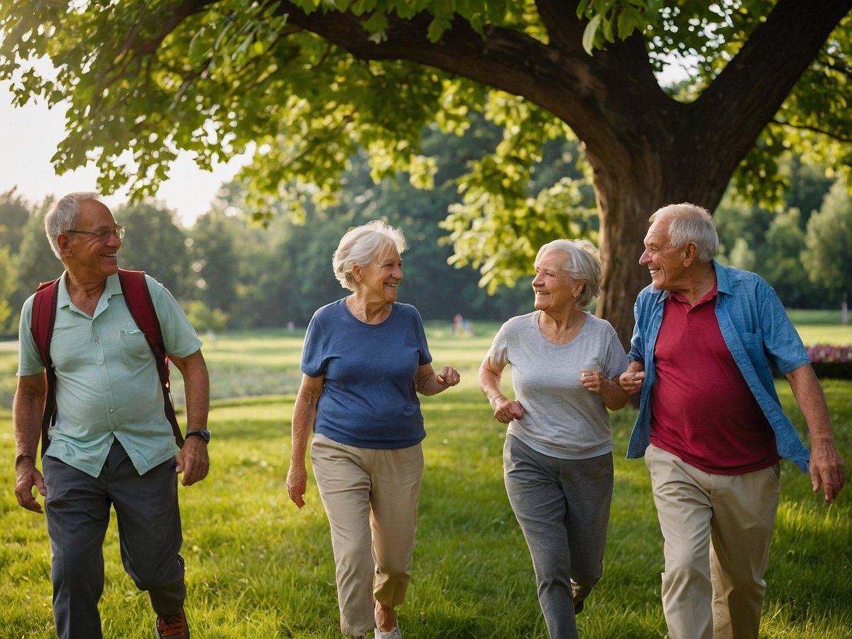 Eine Gruppe von vier Senioren geht fröhlich auf einem grünen Feld spazieren. Die Sonne scheint durch die Äste eines großen Baumes, und alle vier Personen lächeln und genießen die Gesellschaft des Anderen. Die Männer tragen lässige Kleidung und leichte Jacken, während die Frauen in bequemen T-Shirts und Hosen gekleidet sind. Die Szenerie strahlt eine positive und gesunde Atmosphäre aus, die das aktive Leben im Alter widerspiegelt.