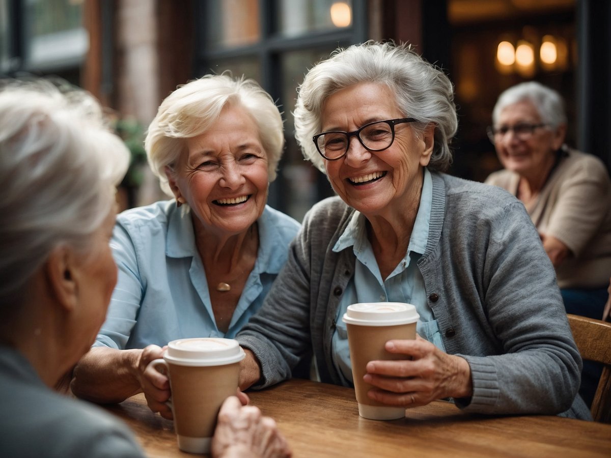 Zwei lächelnde ältere Frauen sitzen in einem gemütlichen Café zusammen und halten Kaffeebecher in den Händen. Sie wirken glücklich und genießen das Zusammensein. Im Hintergrund sind weitere Personen zu sehen, die ebenfalls entspannt miteinander kommunizieren. Diese Szene vermittelt ein Gefühl von Gemeinschaft und zeigt, wie eine aktive Lebensweise zum Wohlbefinden beiträgt.