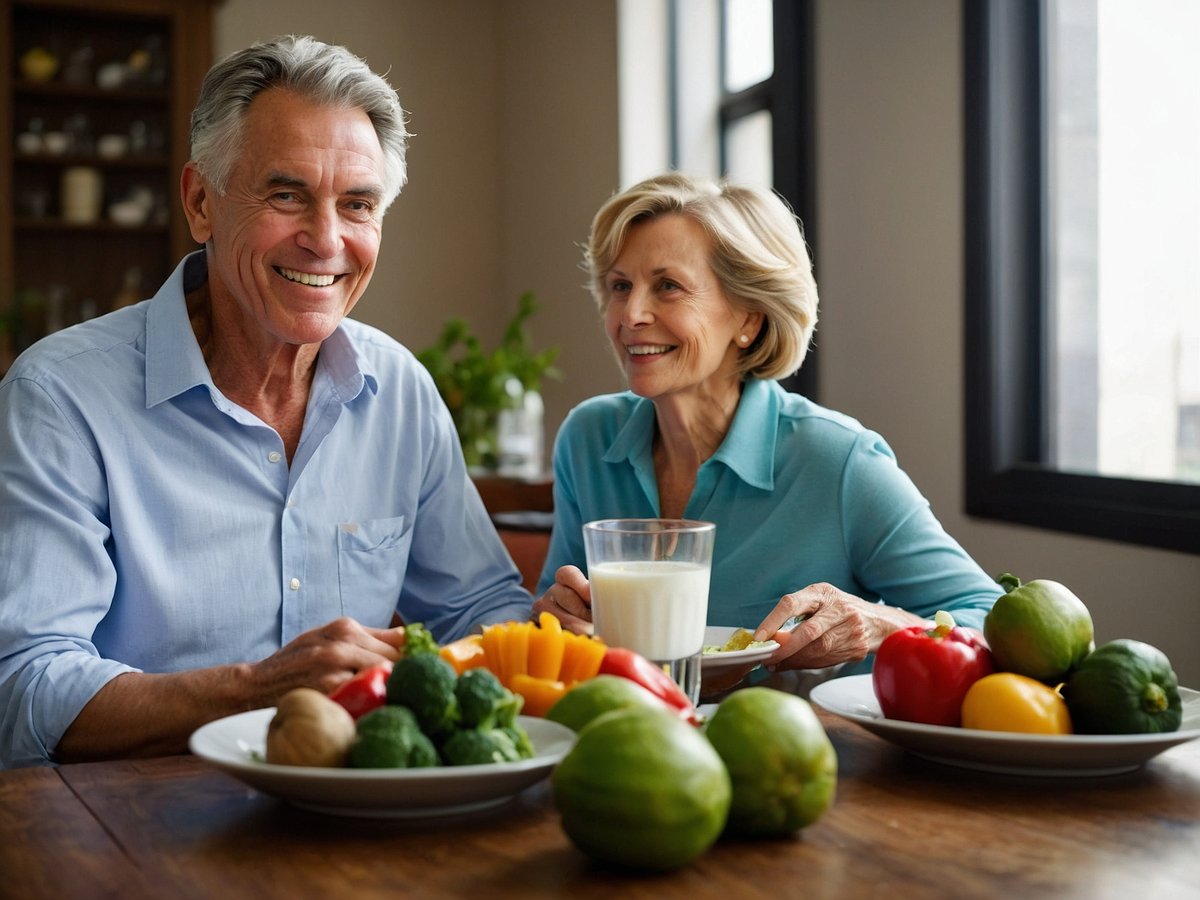 Ein lächelndes älteres Paar sitzt an einem Tisch und genießt eine gesunde Mahlzeit zusammen. Auf dem Tisch sind verschiedene frische und bunte Obst- und Gemüsesorten wie Brokkoli Paprika und Melonen angerichtet. Das Paar hat Teller mit Speisen vor sich und ein Glas Milch steht in der Mitte. Sie sehen entspannt und glücklich aus was das Wohlbefinden und die Bedeutung einer ausgewogenen Ernährung für ein langes Leben vermittelt.