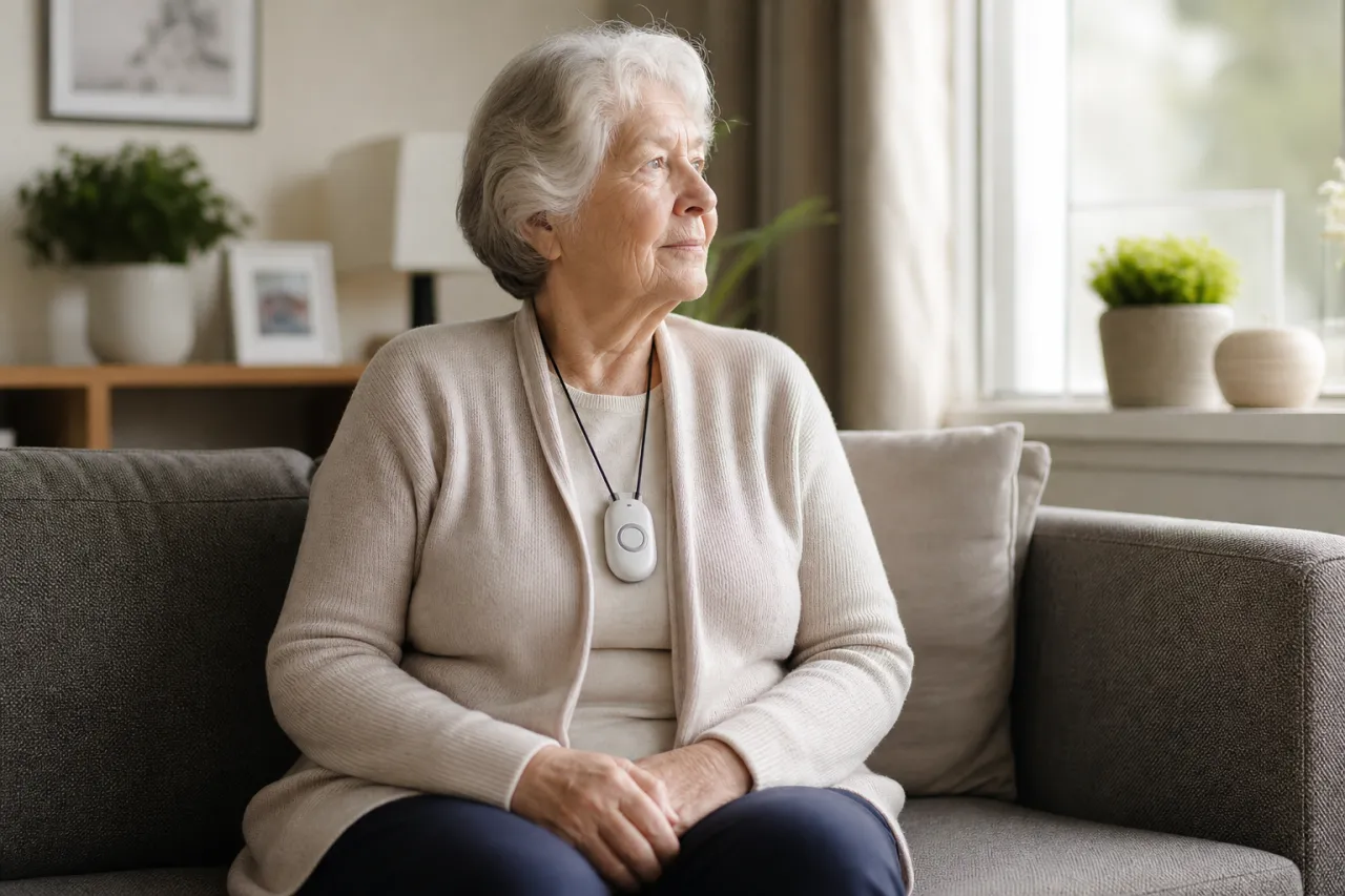 Seniorin trägt einen Hausnotruf-Sender am Handgelenk und sitzt entspannt in ihrem Wohnzimmer.